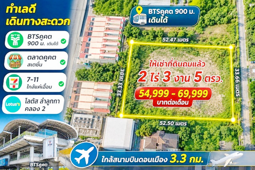 โลตัส ลำลูกกา คลอง2 BTSคูคต900ม. ให้เช่าที่ดินถมแล้ว 2 ไร่ 3 งาน 5ตรว. คอมมูนิตี้มอลล์  4,420 ตร.ม.   เดินได้ ตลาดคูคต สเตชั่น 7-11